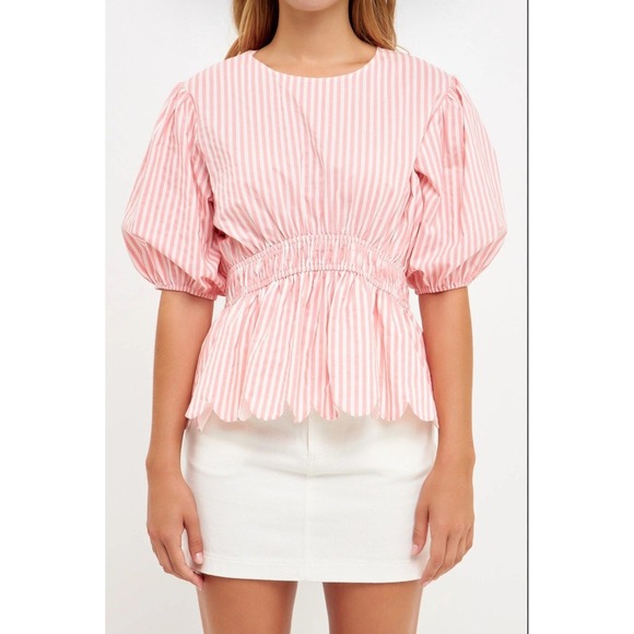 English Factory Tops - ENGLISH FACTORY Pink White Stripe Puff Sleeve Peplum Scallop Hem Top L‎